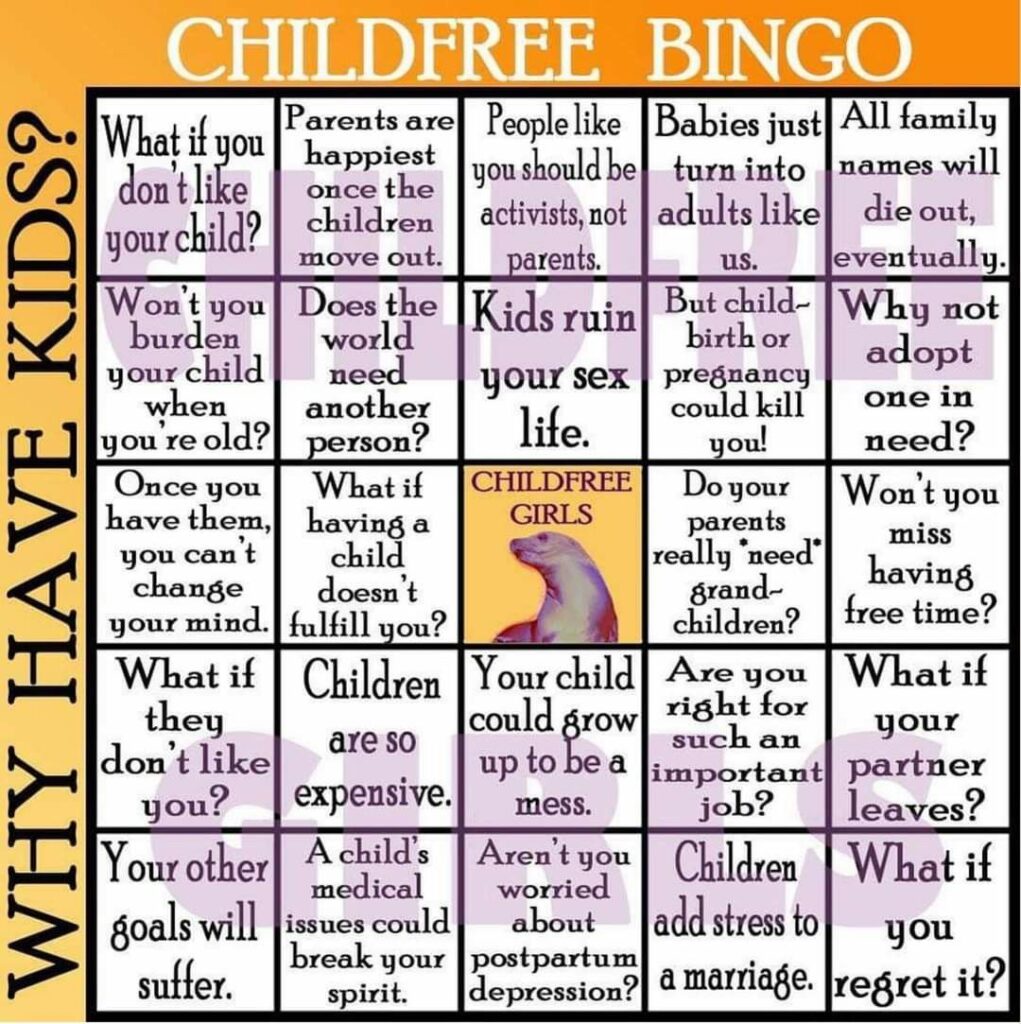 A “childfree” bingo card posted online A “childfree” bingo card posted online